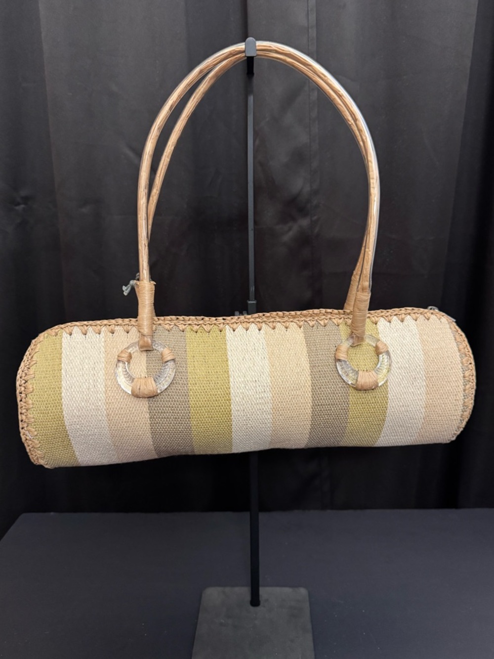 Late 80's Vintage Striped Cylinder Shoulder Bag in Tan, Cream & Olive